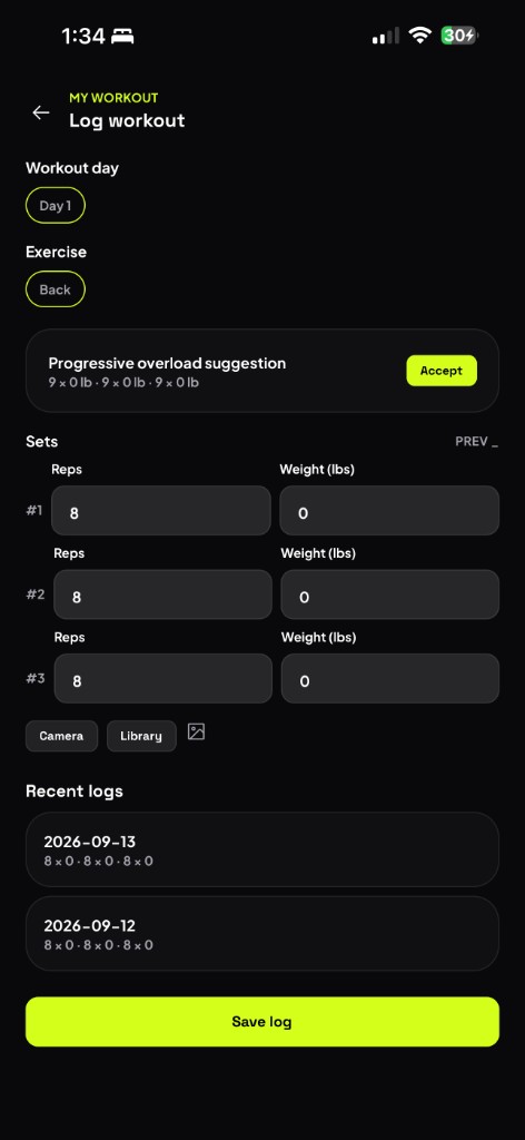 Log workout screen with sets, reps, weight, progressive overload suggestion, and recent logs