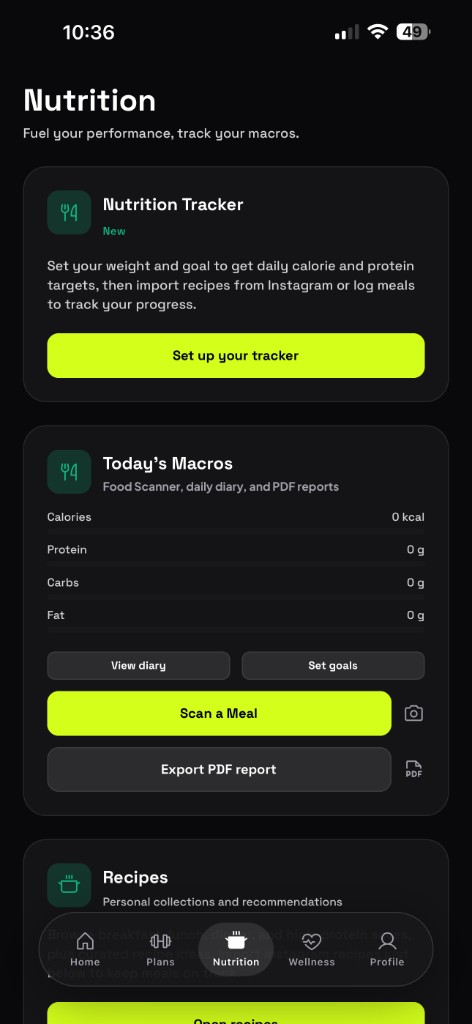 Train3D nutrition tracker with today’s macros and scan-a-meal